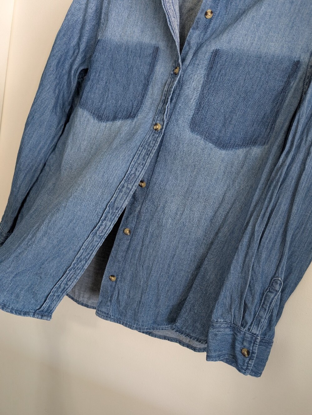 Lola River Medium Denim Button Down Long Sleeve Shirt Blue Jean 100% Cotton Boho